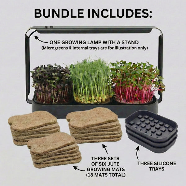 Microgreens Growing Trays Bundle – Grow Lamp, 3 Silicone Trays & 18 Jute Mats (No Seeds)