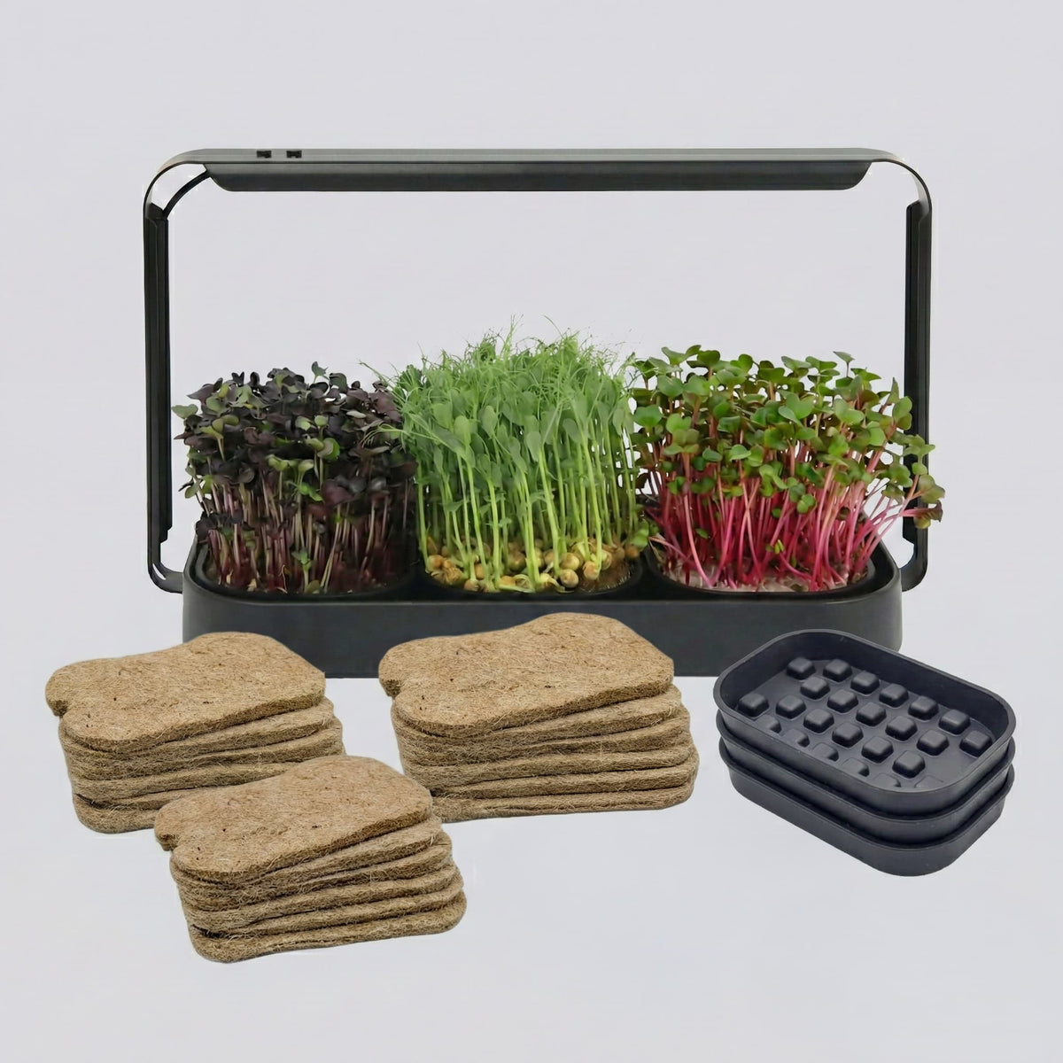 Microgreens Growing Trays Bundle – Grow Lamp, 3 Silicone Trays & 18 Jute Mats (No Seeds)